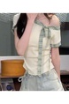 Original Style Sweet Striped Short-Sleeved T-shirt Women's Summer Bow T-shirt Slimming and Shoulder Hollow Top in Cream and Green