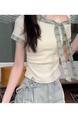 Original Style Sweet Striped Short-Sleeved T-shirt Women's Summer Bow T-shirt Slimming and Shoulder Hollow Top in Cream and Green