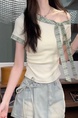 Original Style Sweet Striped Short-Sleeved T-shirt Women's Summer Bow T-shirt Slimming and Shoulder Hollow Top in Cream and Green