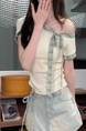 Original Style Sweet Striped Short-Sleeved T-shirt Women's Summer Bow T-shirt Slimming and Shoulder Hollow Top in Cream and Green