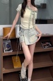 Original Style Sweet Striped Short-Sleeved T-shirt Women's Summer Bow T-shirt Slimming and Shoulder Hollow Top in Cream and Green