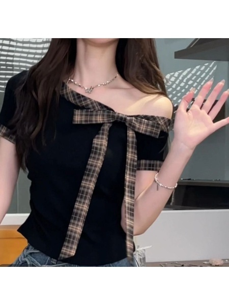 Original Style Sweet Striped Short-Sleeved T-shirt Women's Summer Bow T-shirt Slimming and Shoulder Hollow Top in Black with Plaid Accents