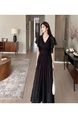 Real Shot of 2025 French Style Simple and High-End Ruffled Chiffon High Waist Slim V-Neck Mid-Length Dress in Black