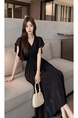 Real Shot of 2025 French Style Simple and High-End Ruffled Chiffon High Waist Slim V-Neck Mid-Length Dress in Black