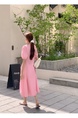 Updated Chic Korean Style Summer Sweet Fashion Special-Interest Lace-up Waist Puff Sleeve Round Neck Simple Casual Dress in Pink