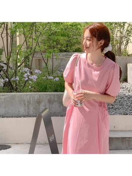 Updated Chic Korean Style Summer Sweet Fashion Special-Interest Lace-up Waist Puff Sleeve Round Neck Simple Casual Dress in Pink