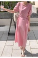 Updated Chic Korean Style Summer Sweet Fashion Special-Interest Lace-up Waist Puff Sleeve Round Neck Simple Casual Dress in Pink