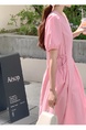 Updated Chic Korean Style Summer Sweet Fashion Special-Interest Lace-up Waist Puff Sleeve Round Neck Simple Casual Dress in Pink