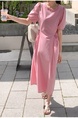 Updated Chic Korean Style Summer Sweet Fashion Special-Interest Lace-up Waist Puff Sleeve Round Neck Simple Casual Dress in Pink