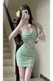 Real Shot Lace Splicing Sling Dress Summer Waist Trimming Short Slim Fit Pure Want to Wrap Hip in Mint Green