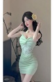 Real Shot Lace Splicing Sling Dress Summer Waist Trimming Short Slim Fit Pure Want to Wrap Hip in Mint Green