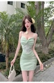 Real Shot Lace Splicing Sling Dress Summer Waist Trimming Short Slim Fit Pure Want to Wrap Hip in Mint Green