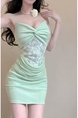 Real Shot Lace Splicing Sling Dress Summer Waist Trimming Short Slim Fit Pure Want to Wrap Hip in Mint Green