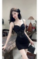 Real Shot Lace Splicing Sling Dress Summer Waist Trimming Short Slim Fit Pure Want to Wrap Hip in Black