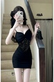 Real Shot Lace Splicing Sling Dress Summer Waist Trimming Short Slim Fit Pure Want to Wrap Hip in Black