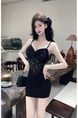 Real Shot Lace Splicing Sling Dress Summer Waist Trimming Short Slim Fit Pure Want to Wrap Hip in Black