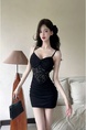 Real Shot Lace Splicing Sling Dress Summer Waist Trimming Short Slim Fit Pure Want to Wrap Hip in Black