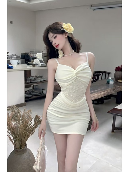 Real Shot Lace Splicing Sling Dress Summer Waist Trimming Short Slim Fit Pure Want to Wrap Hip in Cream
