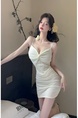 Real Shot Lace Splicing Sling Dress Summer Waist Trimming Short Slim Fit Pure Want to Wrap Hip in Cream