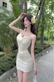 Real Shot Lace Splicing Sling Dress Summer Waist Trimming Short Slim Fit Pure Want to Wrap Hip in Cream