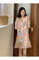 Spot Holiday Style Retro Stylish Small Square Collar Contrast Color Oil Painting Print Versatile Age-Reducing Petite Dress in Multicolor