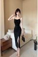 Real Shot of Black Three-Dimensional Flower Suspender Dress for Women, Slim Dress, Long Skirt, Pure Desire, Waist-Length Slit Hip Skirt