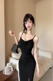 Real Shot of Black Three-Dimensional Flower Suspender Dress for Women, Slim Dress, Long Skirt, Pure Desire, Waist-Length Slit Hip Skirt