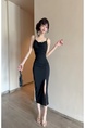 Real Shot of Black Three-Dimensional Flower Suspender Dress for Women, Slim Dress, Long Skirt, Pure Desire, Waist-Length Slit Hip Skirt