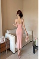 Real Shot of Pink Three-Dimensional Flower Suspender Dress for Women, Slim Dress, Long Skirt, Pure Desire, Waist-Length Slit Hip Skirt