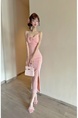Real Shot of Pink Three-Dimensional Flower Suspender Dress for Women, Slim Dress, Long Skirt, Pure Desire, Waist-Length Slit Hip Skirt