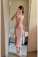 Real Shot of Pink Three-Dimensional Flower Suspender Dress for Women, Slim Dress, Long Skirt, Pure Desire, Waist-Length Slit Hip Skirt