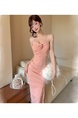 Real Shot of Pink Three-Dimensional Flower Suspender Dress for Women, Slim Dress, Long Skirt, Pure Desire, Waist-Length Slit Hip Skirt
