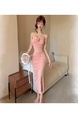 Real Shot of Pink Three-Dimensional Flower Suspender Dress for Women, Slim Dress, Long Skirt, Pure Desire, Waist-Length Slit Hip Skirt