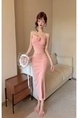 Real Shot of Pink Three-Dimensional Flower Suspender Dress for Women, Slim Dress, Long Skirt, Pure Desire, Waist-Length Slit Hip Skirt