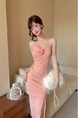 Real Shot of Pink Three-Dimensional Flower Suspender Dress for Women, Slim Dress, Long Skirt, Pure Desire, Waist-Length Slit Hip Skirt