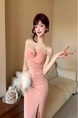 Real Shot of Pink Three-Dimensional Flower Suspender Dress for Women, Slim Dress, Long Skirt, Pure Desire, Waist-Length Slit Hip Skirt