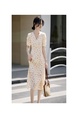 Spot Romantic and Elegant French Tea Dress in Cream with Floral Print, 2025 Summer New V-Neck Waist Floral Tea Dress