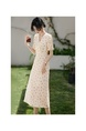 Spot Romantic and Elegant French Tea Dress in Cream with Floral Print, 2025 Summer New V-Neck Waist Floral Tea Dress