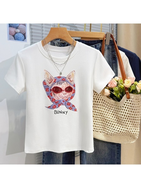 Real Shot Printed White Short-Sleeved T-shirt for Women Summer 2025 New Korean Style Casual Loose Round Neck Half Sleeve T-shirt Top Clothes