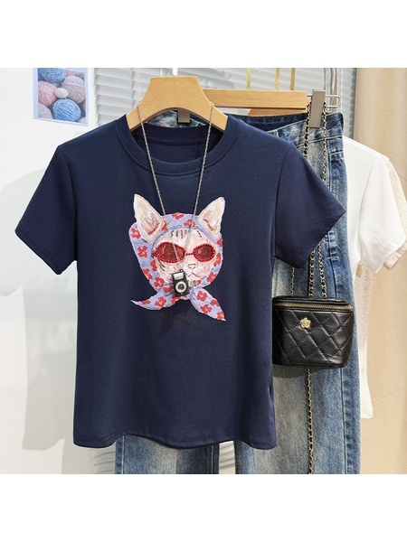 Real Shot Printed Navy Short-Sleeved T-shirt for Women Summer 2025 New Korean Style Casual Loose Round Neck Half Sleeve T-shirt Top Clothes