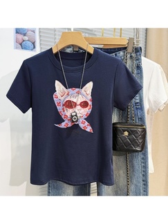 Real Shot Printed Navy Short-Sleeved T-shirt for Women Summer 2025 New Korean Style Casual Loose Round Neck Half Sleeve T-shirt Top Clothes