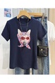 Real Shot Printed Navy Short-Sleeved T-shirt for Women Summer 2025 New Korean Style Casual Loose Round Neck Half Sleeve T-shirt Top Clothes