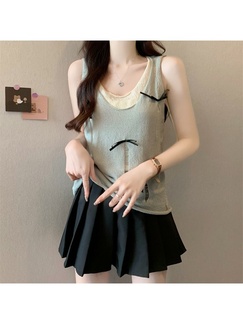 Real shot wholesale price 2025 summer new sweet spicy style fake two-piece hollow hole design light green and beige camisole top