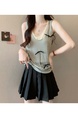 Real shot wholesale price 2025 summer new sweet spicy style fake two-piece hollow hole design light green and beige camisole top
