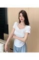 Real Shot Hot Girl Pleated Slim-Fit White Heart Collar Short Sleeve T-shirt Women's Summer Pure Desire Shoulder Solid Color Collarbone Sweet and Spicy Top