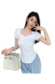 Real Shot Hot Girl Pleated Slim-Fit White Heart Collar Short Sleeve T-shirt Women's Summer Pure Desire Shoulder Solid Color Collarbone Sweet and Spicy Top