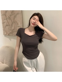 Real Shot Hot Girl Pleated Slim-Fit Dark Gray Heart Collar Short Sleeve T-shirt Women's Summer Pure Desire Shoulder Solid Color Collarbone Sweet and Spicy Top