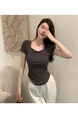 Real Shot Hot Girl Pleated Slim-Fit Dark Gray Heart Collar Short Sleeve T-shirt Women's Summer Pure Desire Shoulder Solid Color Collarbone Sweet and Spicy Top
