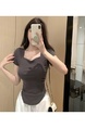 Real Shot Hot Girl Pleated Slim-Fit Dark Gray Heart Collar Short Sleeve T-shirt Women's Summer Pure Desire Shoulder Solid Color Collarbone Sweet and Spicy Top