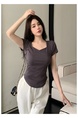 Real Shot Hot Girl Pleated Slim-Fit Dark Gray Heart Collar Short Sleeve T-shirt Women's Summer Pure Desire Shoulder Solid Color Collarbone Sweet and Spicy Top